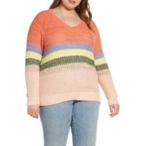 Caslon Ombré Color Block Stripe V-Neck Plus Size Pullover Sweater Orange Size 4X
